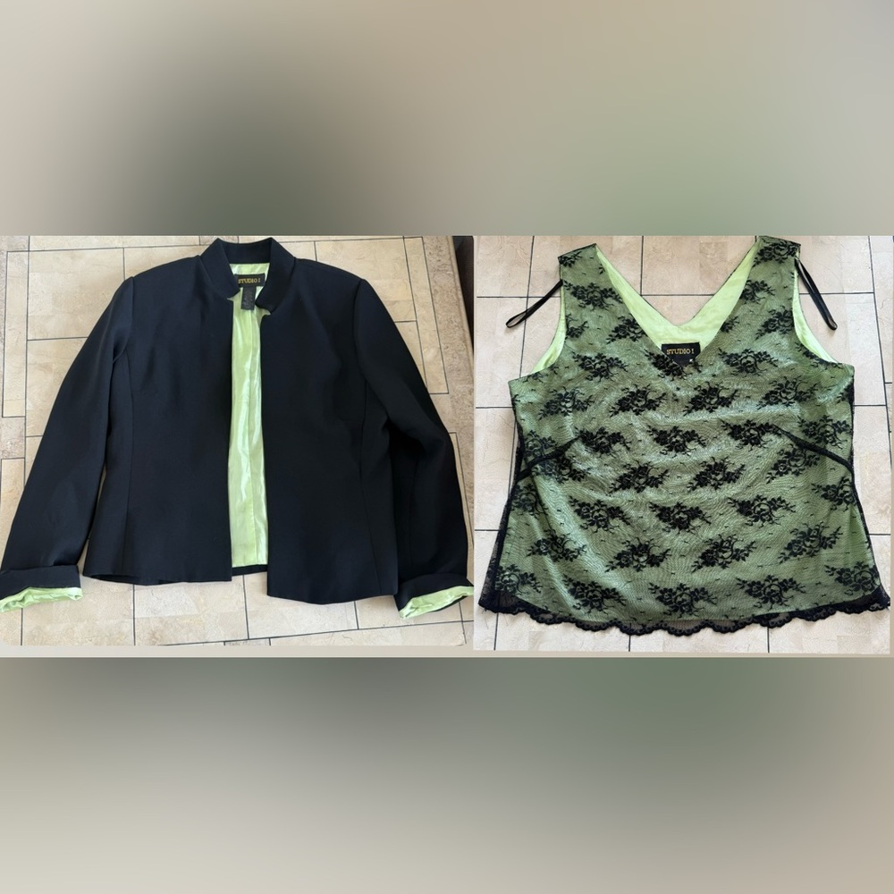 Black Blazer with Green Lace Top